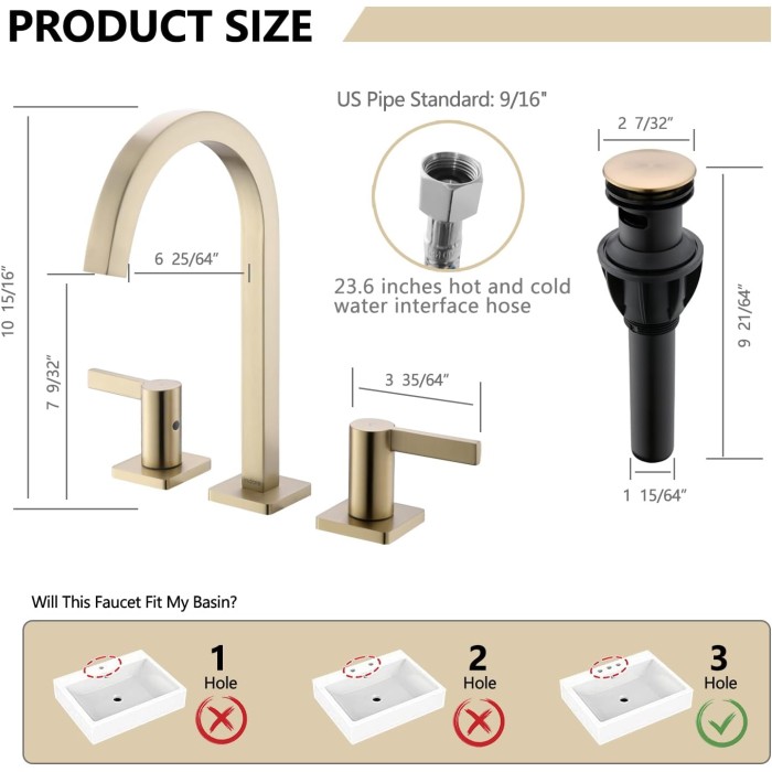 Brushed Gold Bathroom Faucet, 8 Inch Brass Widespread Bathroom Sink Faucet 3 Holes, Two Handles Bathroom Sink Faucet with Pop-Up Drain & Supply Lines, 110104-BG