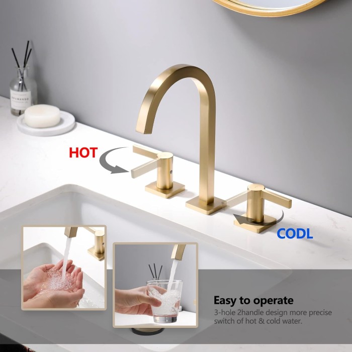 Brushed Gold Bathroom Faucet, 8 Inch Brass Widespread Bathroom Sink Faucet 3 Holes, Two Handles Bathroom Sink Faucet with Pop-Up Drain & Supply Lines, 110104-BG