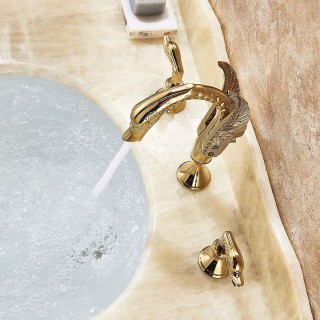 Widespread Bathroom Sink Faucet 3 Holes Gold Swan Bathroom Faucet Double Swan Handles Basin Faucet Sink Mixer Tap Basin Vanity Mixer Taps Modern Faucet Bathroom Sink