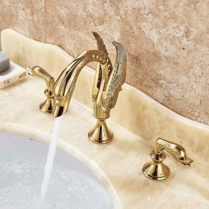Widespread Bathroom Sink Faucet 3 Holes Gold Swan Bathroom Faucet Double Swan Handles Basin Faucet Sink Mixer Tap Basin Vanity Mixer Taps Modern Faucet Bathroom Sink