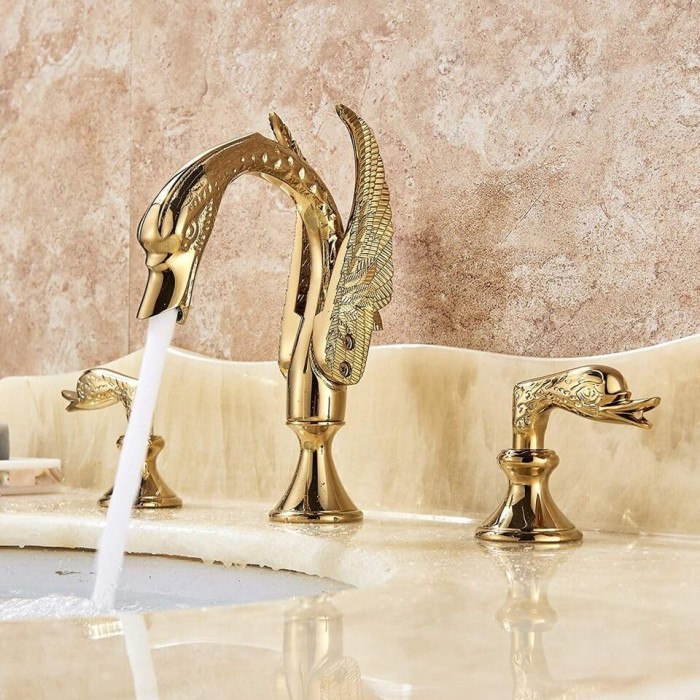 Widespread Bathroom Sink Faucet 3 Holes Gold Swan Bathroom Faucet Double Swan Handles Basin Faucet Sink Mixer Tap Basin Vanity Mixer Taps Modern Faucet Bathroom Sink