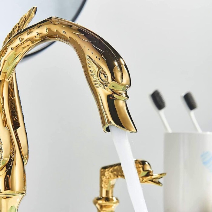 Widespread Bathroom Sink Faucet 3 Holes Gold Swan Bathroom Faucet Double Swan Handles Basin Faucet Sink Mixer Tap Basin Vanity Mixer Taps Modern Faucet Bathroom Sink