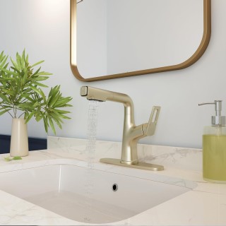 Bathroom Sink Faucet with Pull Down Sprayer and Deck Plate, Stainless Steel Bathroom Faucets, Single Handle Pull Out Bathroom Faucet for 1 or 3 Hole Sink, Brushed Gold