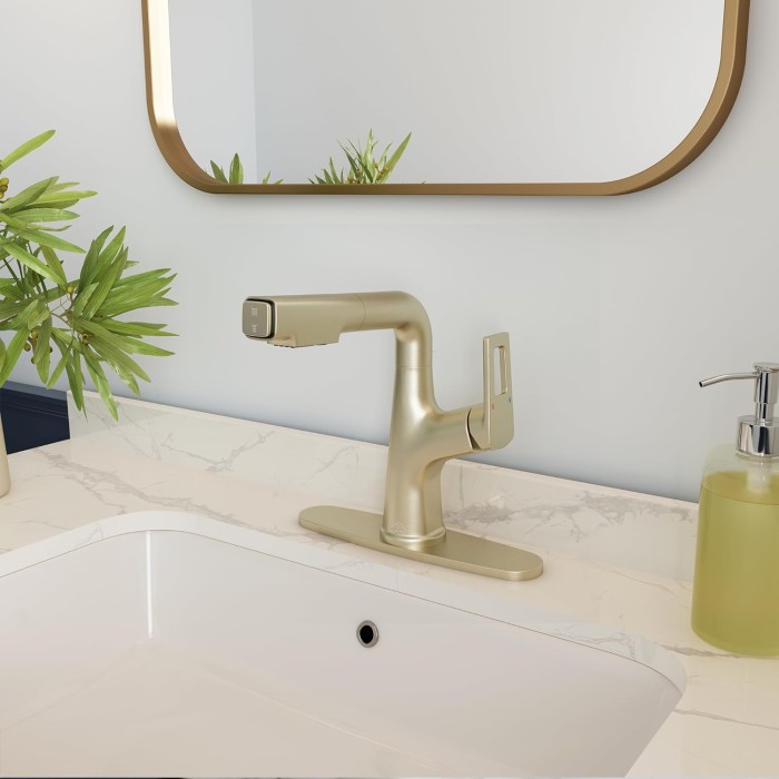 Bathroom Sink Faucet with Pull Down Sprayer and Deck Plate, Stainless Steel Bathroom Faucets, Single Handle Pull Out Bathroom Faucet for 1 or 3 Hole Sink, Brushed Gold