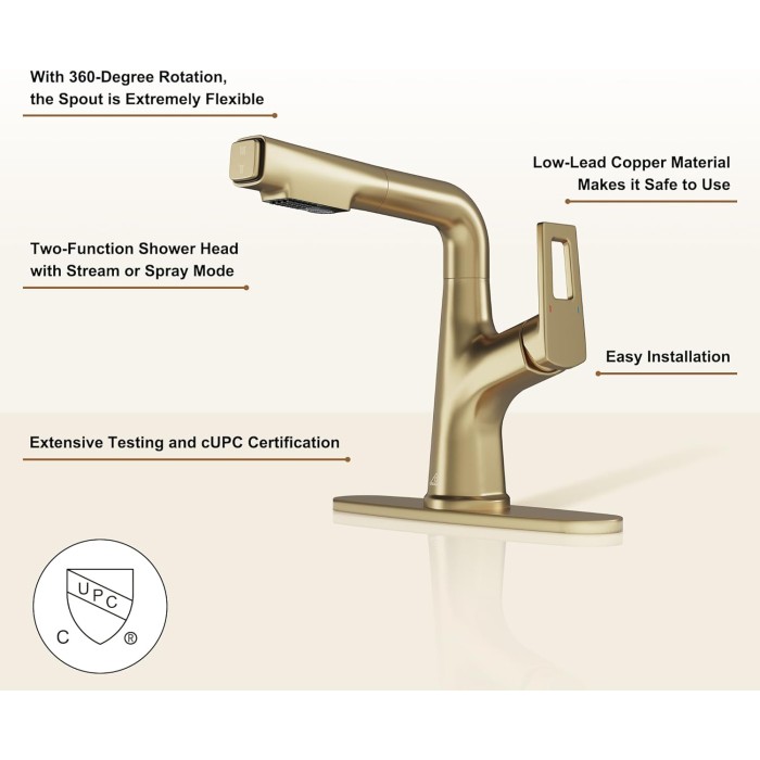 Bathroom Sink Faucet with Pull Down Sprayer and Deck Plate, Stainless Steel Bathroom Faucets, Single Handle Pull Out Bathroom Faucet for 1 or 3 Hole Sink, Brushed Gold