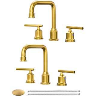 Brushed Gold Bathroom Faucet Set: WOWOW Widespread Bathroom Sink Faucet 3 Hole with Pop-up Drain and Supply Lines, 8 Inch Vanity Faucet 3 Pieces Basin Tap 2 Handle Modern (Set of 2)