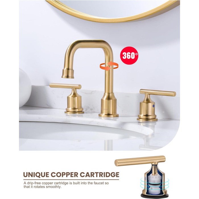 Brushed Gold Bathroom Faucet Set: WOWOW Widespread Bathroom Sink Faucet 3 Hole with Pop-up Drain and Supply Lines, 8 Inch Vanity Faucet 3 Pieces Basin Tap 2 Handle Modern (Set of 2)
