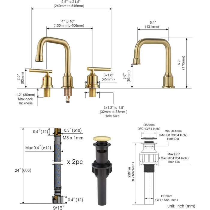Brushed Gold Bathroom Faucet Set: WOWOW Widespread Bathroom Sink Faucet 3 Hole with Pop-up Drain and Supply Lines, 8 Inch Vanity Faucet 3 Pieces Basin Tap 2 Handle Modern (Set of 2)