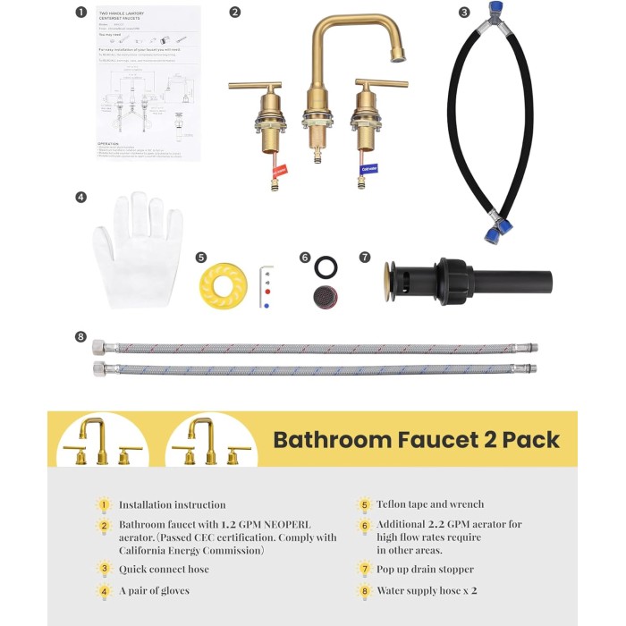 Brushed Gold Bathroom Faucet Set: WOWOW Widespread Bathroom Sink Faucet 3 Hole with Pop-up Drain and Supply Lines, 8 Inch Vanity Faucet 3 Pieces Basin Tap 2 Handle Modern (Set of 2)